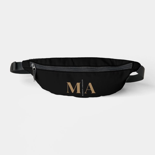 Elegant Monogrammed Black Gold Name Fanny Pack (Front)
