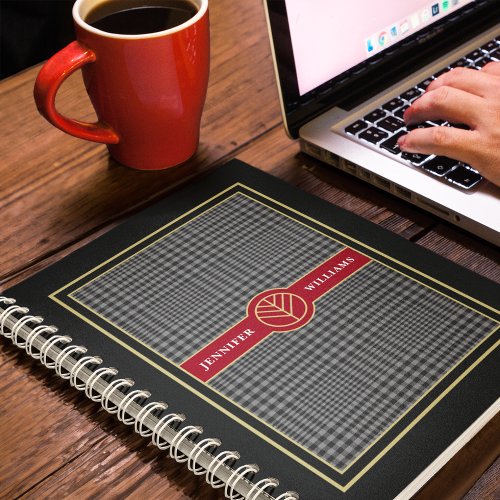 Elegant Monogrammed Black Gold Red Plaid Notebook