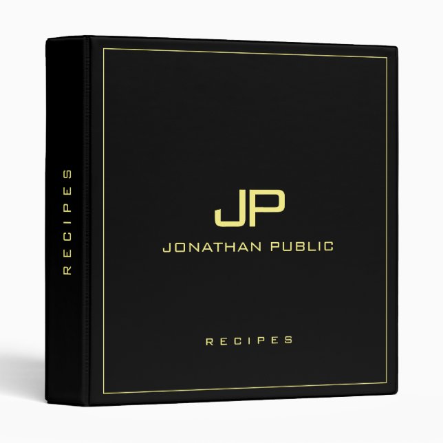 Elegant Monogrammed Black Gold Template Recipe 3 Ring Binder (Front/Spine)