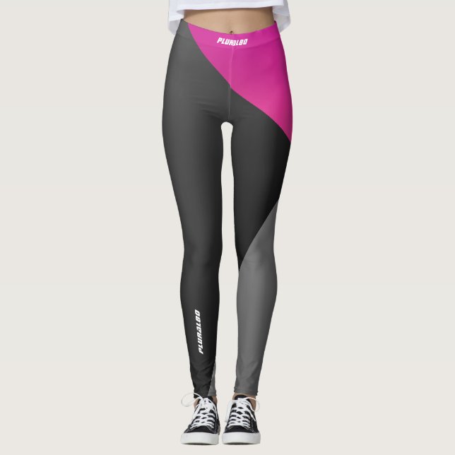 Elegant monogrammed black gray pink workout leggings (Front)