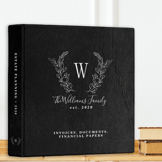 Elegant monogrammed black leather estate planning 3 ring binder (Creator Uploaded)