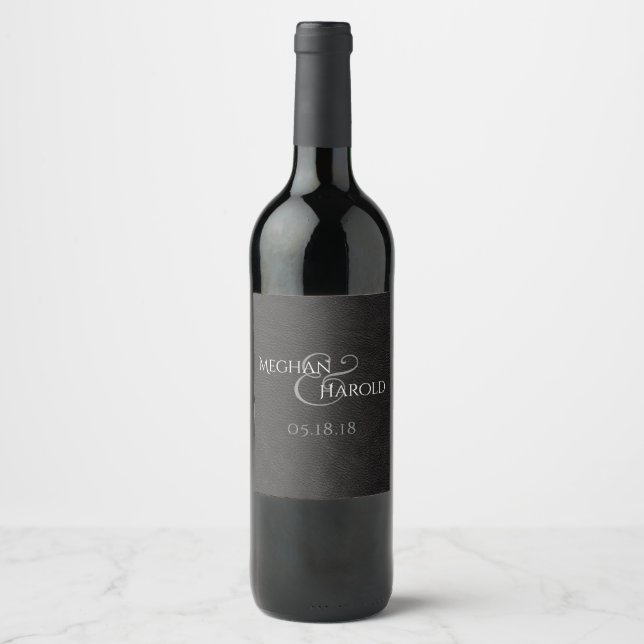Elegant Monogrammed Black Leather Wedding Favor Wine Label (Front)