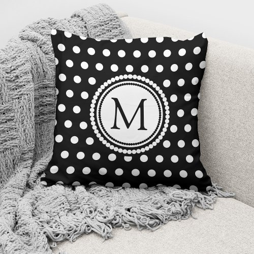 Elegant Monogrammed Black White Polka Dots  Throw Pillow