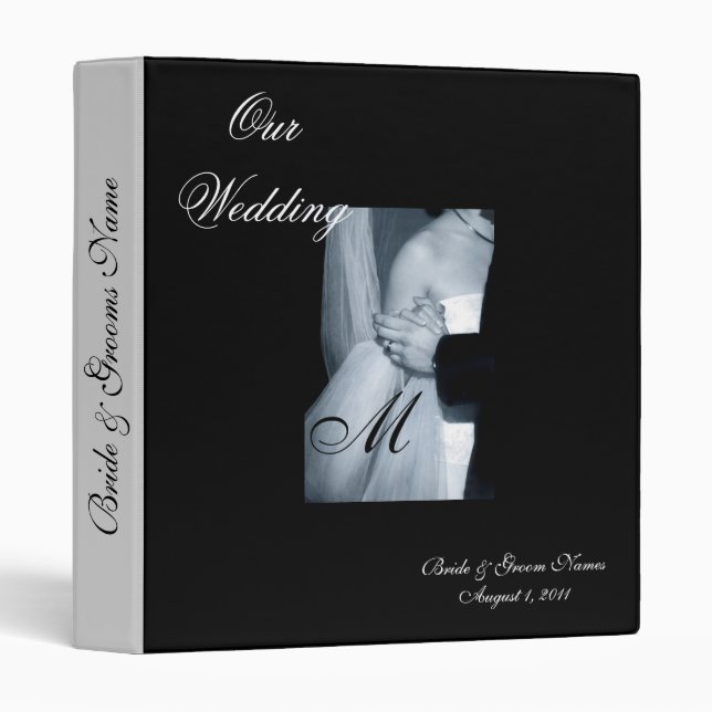 Elegant Monogrammed Black & White Wedding Album 3 Ring Binder (Front/Spine)