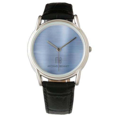 Elegant Monogrammed Blue Brushed Metal Watch