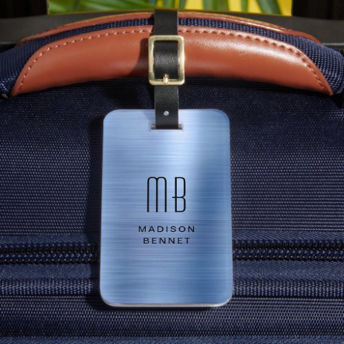 Elegant Monogrammed Blue Brushed Metallic Luggage Tag