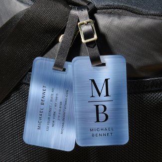 Elegant Monogrammed Blue Brushed Metallic