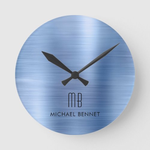 Elegant Monogrammed Blue Brushed Metallic Round Clock