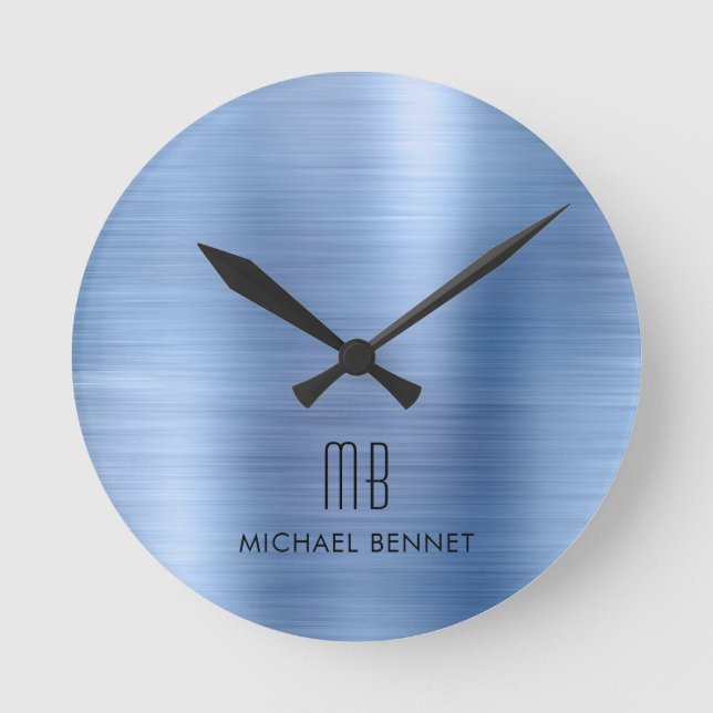 Elegant Monogrammed Blue Brushed Metallic Round Clock (Front)
