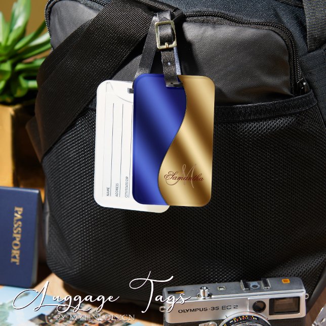 Elegant Monogrammed Blue Gold Metallic Luggage Tag (Creator Uploaded)