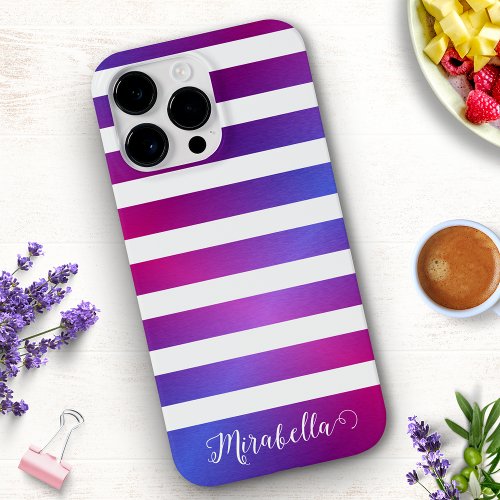 Elegant Monogrammed Blue Purple Pink White Stripes Case_Mate iPhone 14 Pro Max Case