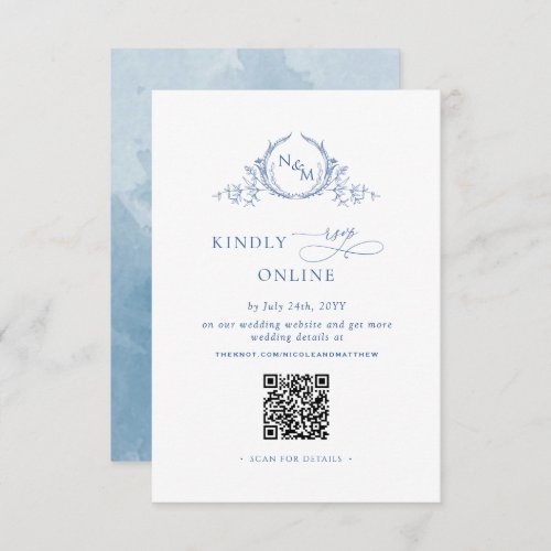 Elegant Monogrammed Blue RSVP Online QR Code  Enclosure Card