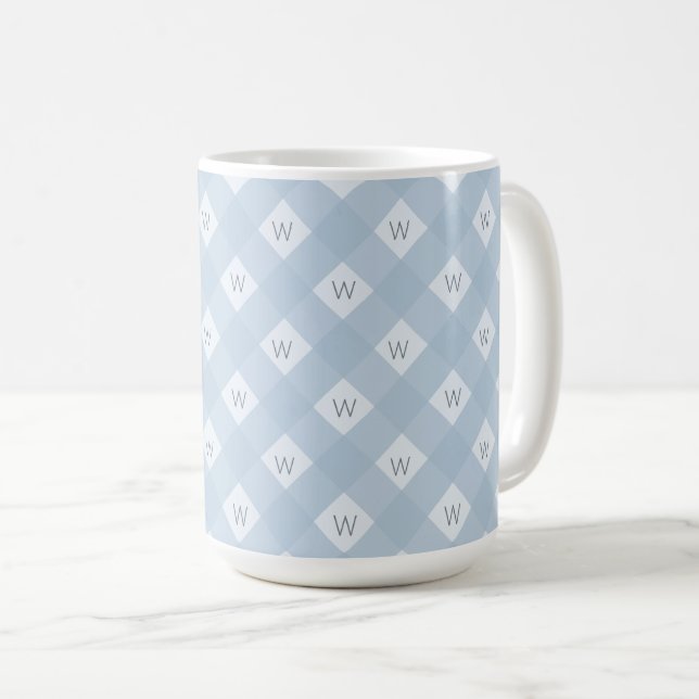 Elegant Monogrammed Blue, White Checkered Pattern Coffee Mug (Front Right)