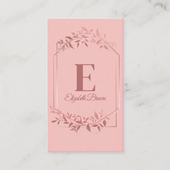 Elegant monogrammed blush rose gold frame leaves business card (Front)
