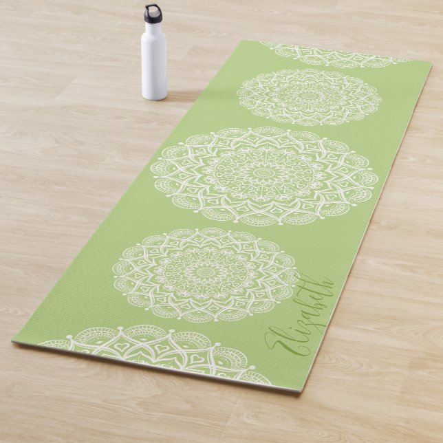 Elegant Monogrammed Boho Lime Green Mandala Yoga Mat (In Situ)