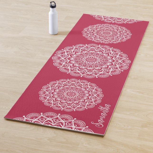 Elegant Monogrammed Boho Magenta and White Mandala Yoga Mat (In Situ)