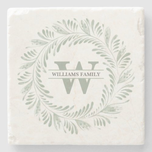 Elegant Monogrammed Botanical Greenery Wreath Stone Coaster