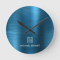 Elegant Monogrammed Brushed Metallic Blue Round Clock