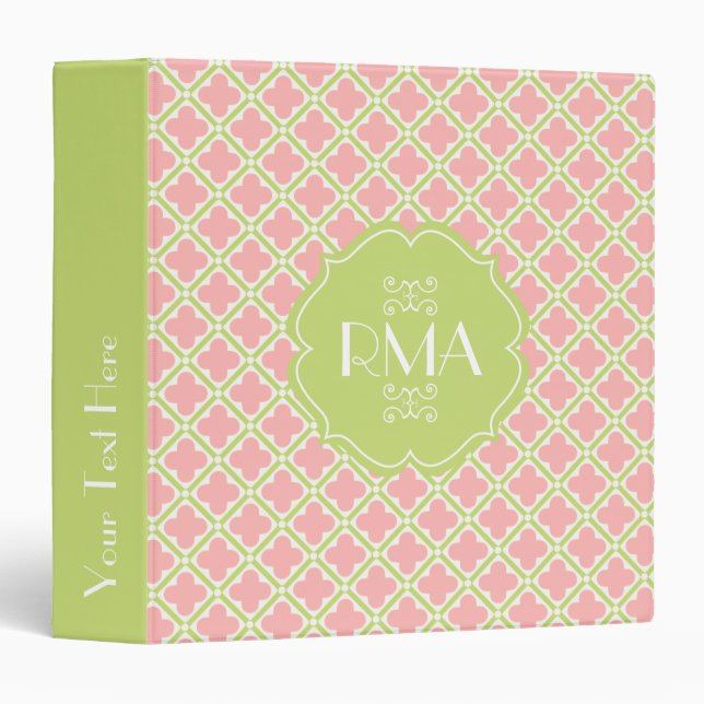 Elegant Monogrammed Clover Pattern Pink & Green Binder (Front/Spine)