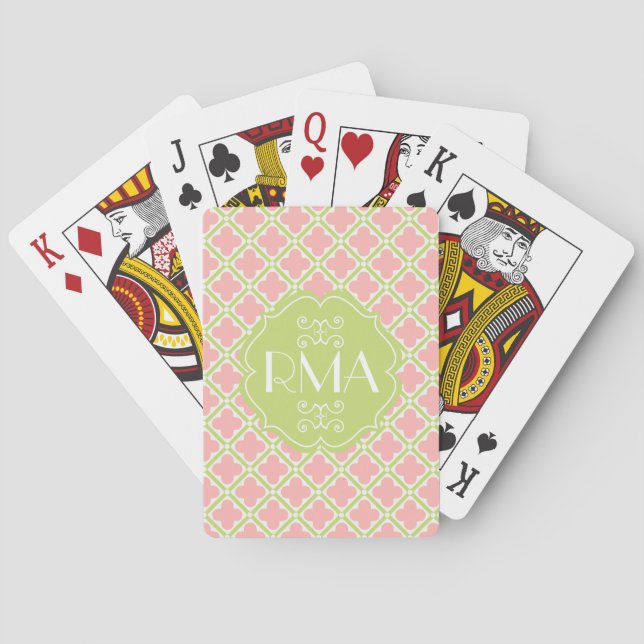 Elegant Monogrammed Clover Pattern Pink & Green Poker Cards (Back)