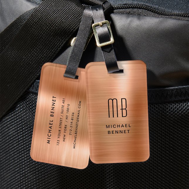 Elegant Monogrammed Copper Brown Brushed Metal Luggage Tag (Elegant Monogrammed Copper Brown Brushed Metal Luggage Tag)