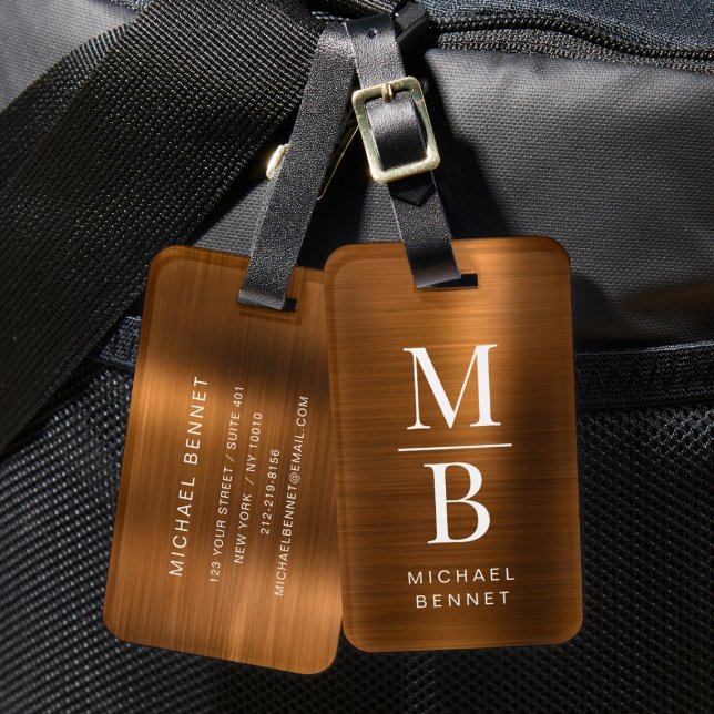 Elegant Monogrammed Copper Brushed Metallic Luggage Tag (Elegant Monogrammed Copper Brushed Metallic Luggage Tag)