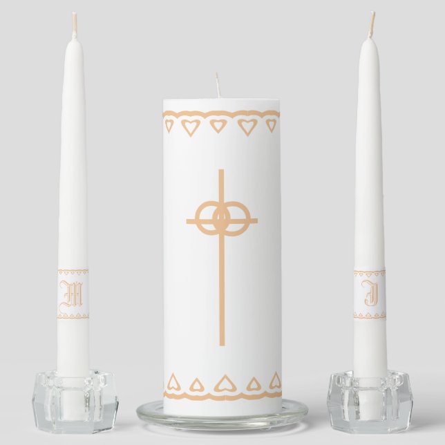 Elegant Monogrammed Cross Unity Candle Set (Front)