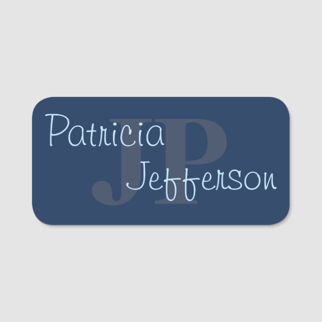 Elegant Monogrammed Dark Blue Modern Professional Name Tag (Front)