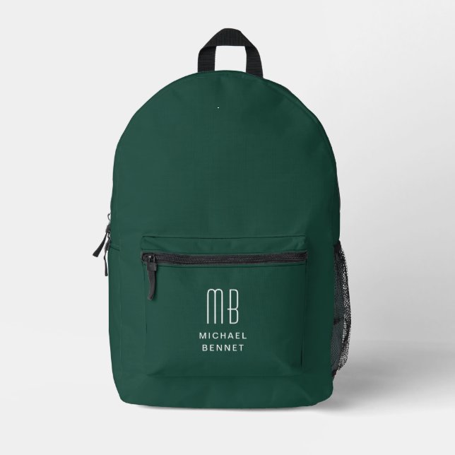 Elegant Monogrammed Emerald Green Printed Backpack (Front)