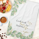 Elegant Monogrammed Eucalyptus Greenery White Kitchen Towel<br><div class="desc">This elegant monogrammed kitchen towel features botanical eucalyptus foliage and hearts on white and a saying Cook with love for healthy life. Script template text makes it easy to type your name. It's a cute gift idea for Christmas,  New Year,  Birthday or any occasion.</div>