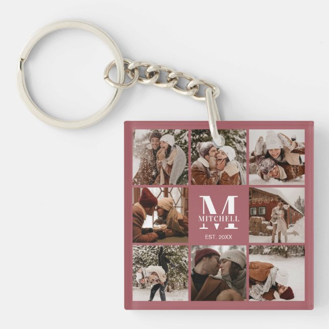 Elegant Monogrammed Family Photo Collage Modern Keychain (Front)