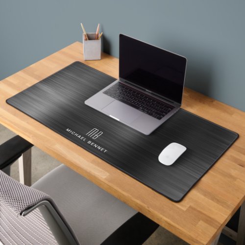 Elegant Monogrammed Faux Black Brushed Metallic Desk Mat
