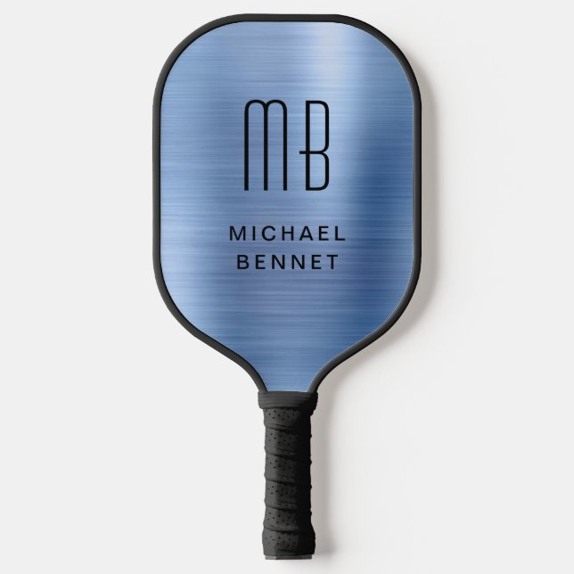 Elegant Monogrammed Faux Blue Brushed Metallic Pickleball Paddle (Front)