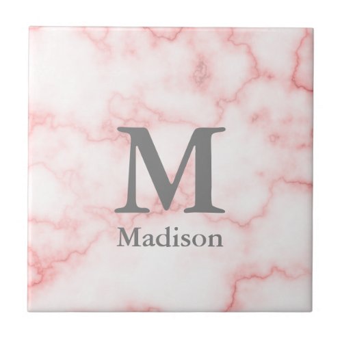 Elegant Monogrammed Faux Pink Marble Ceramic Tile