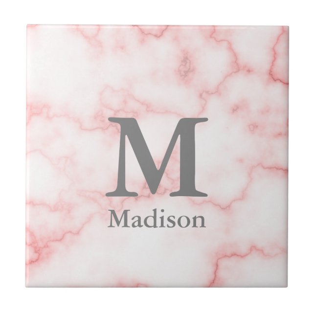 Elegant Monogrammed Faux Pink Marble Ceramic Tile (Front)