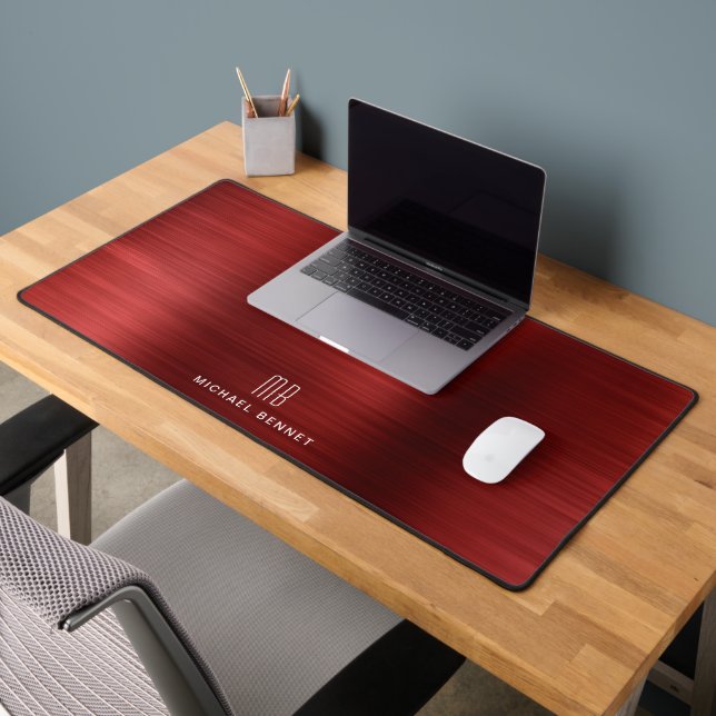 Elegant Monogrammed Faux Red Brushed Metallic Desk Mat (Office 2)
