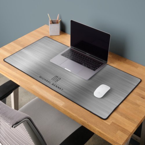 Elegant Monogrammed Faux Silver Brushed Metallic Desk Mat