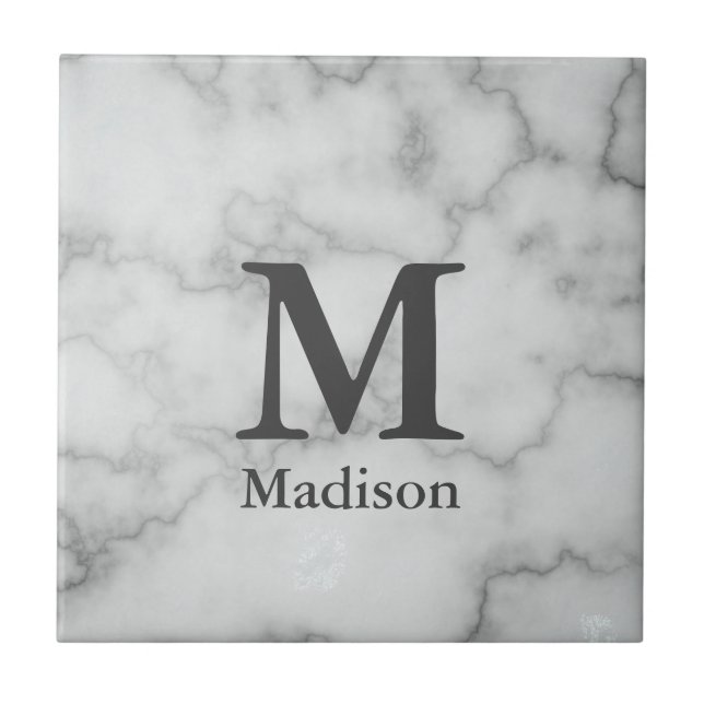 Elegant Monogrammed Faux White Marble Ceramic Tile (Front)