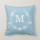 Elegant  Monogrammed Floral Wreath Baby Blue Throw Pillow