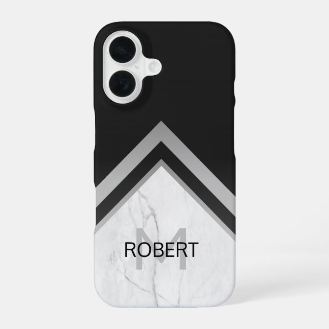 Elegant Monogrammed Geometric Black Silver Marble iPhone Case (Back)