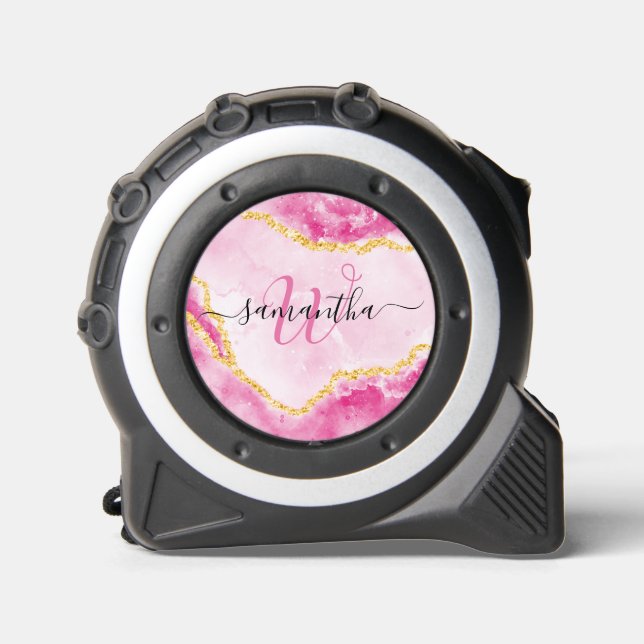 Elegant Monogrammed Girly Glam Marble Pink Tape Measure (Front)
