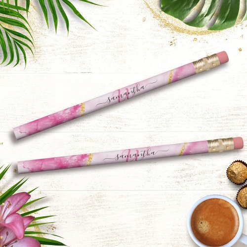 Elegant Monogrammed Girly Glam Pink Marble Pencil