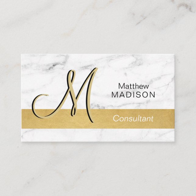 Elegant Monogrammed Gold Black White Marble Business Card (Front)