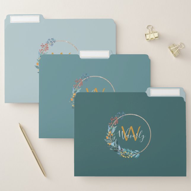 Elegant Monogrammed Gold Blue Green Botanical File Folder (Set)