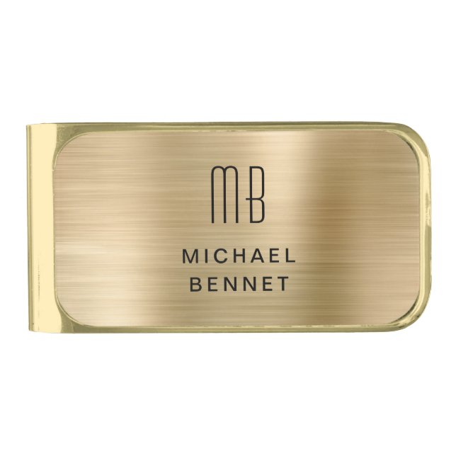 Elegant Monogrammed Gold Brushed Metallic Finish Money Clip (Front)