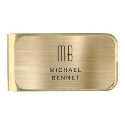 Elegant Monogrammed Gold Brushed Metallic Gold Finish Money Clip