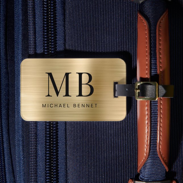 Elegant Monogrammed Gold Brushed Metallic Luggage Tag (Front Insitu 4)