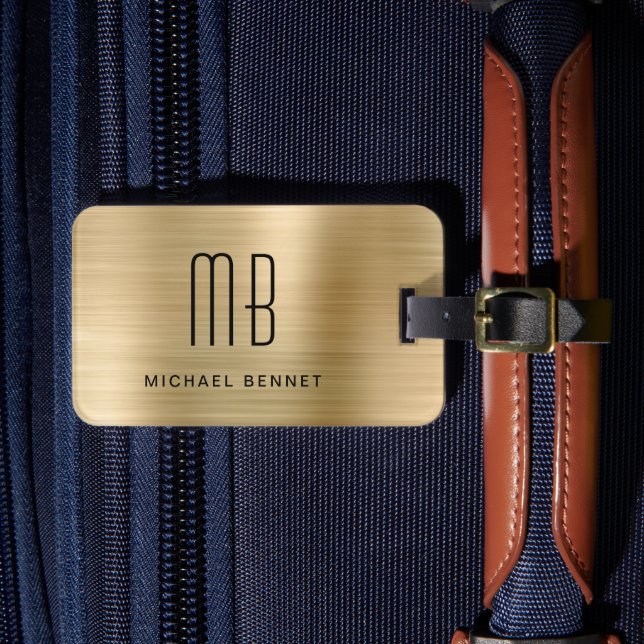 Elegant Monogrammed Gold Brushed Metallic Luggage Tag (Front Insitu 4)