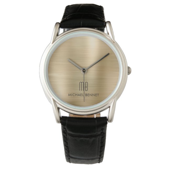 Elegant Monogrammed Gold Brushed Metallic Watch (Front)