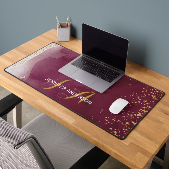 Elegant Monogrammed Gold Burgundy Desk Mat (Office 2)